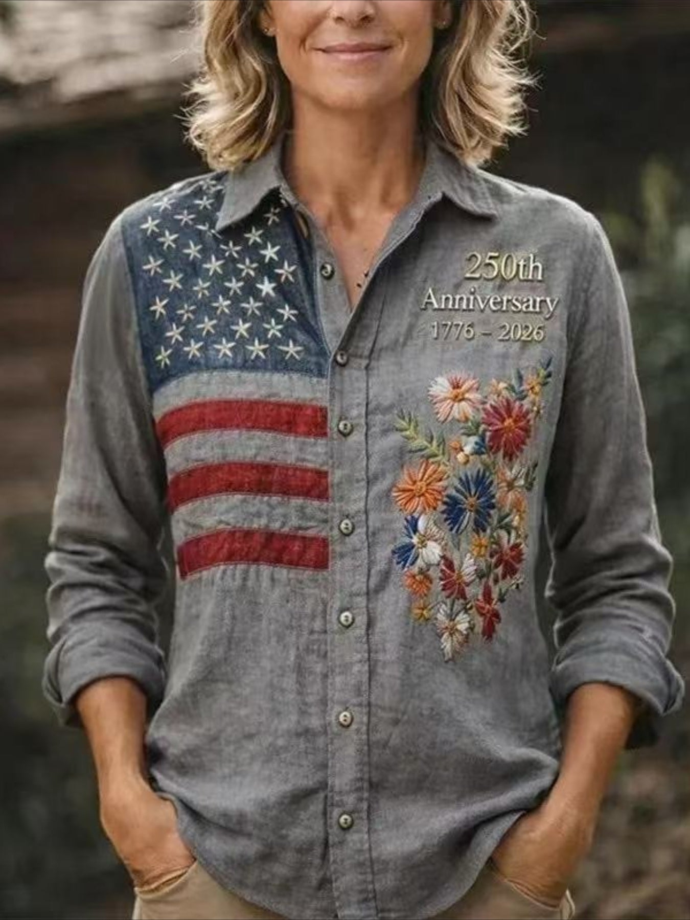 American Flag & Floral Print Button Long Sleeve Voluminous Pleated Collar Blouse