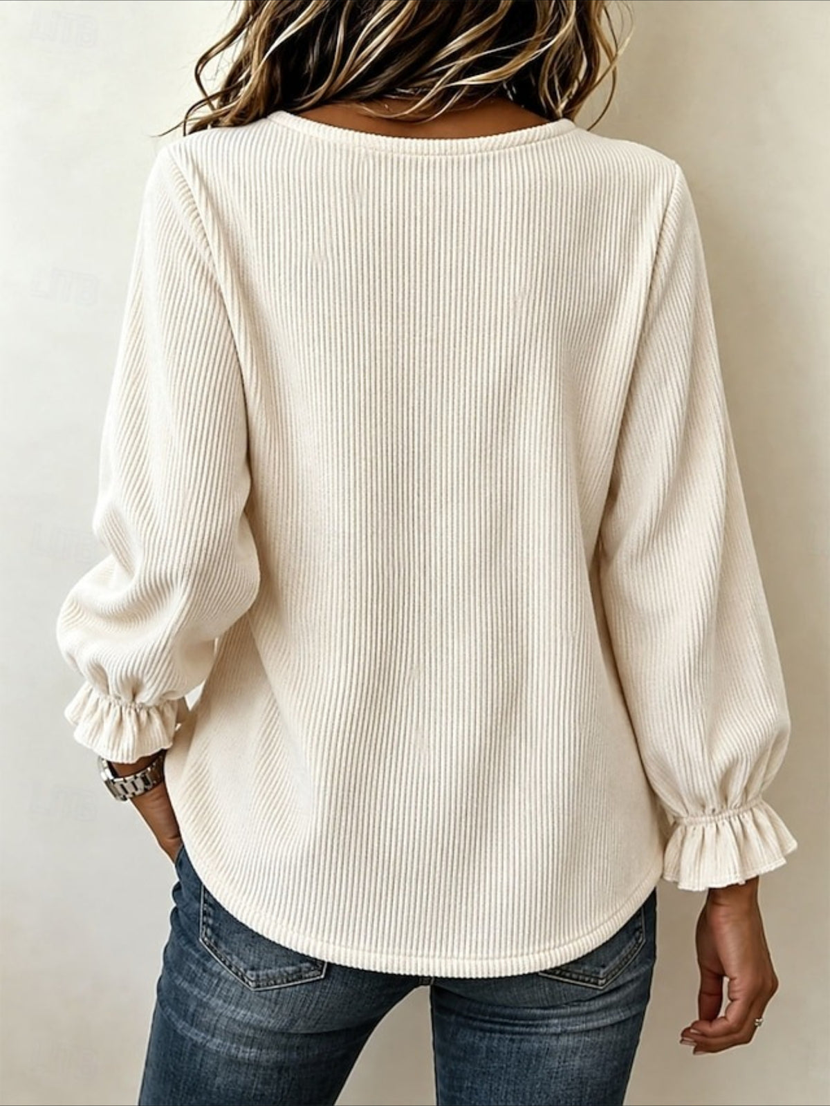 V Neck Corduroy Button-up Ruffle Long Sleeve Shirt