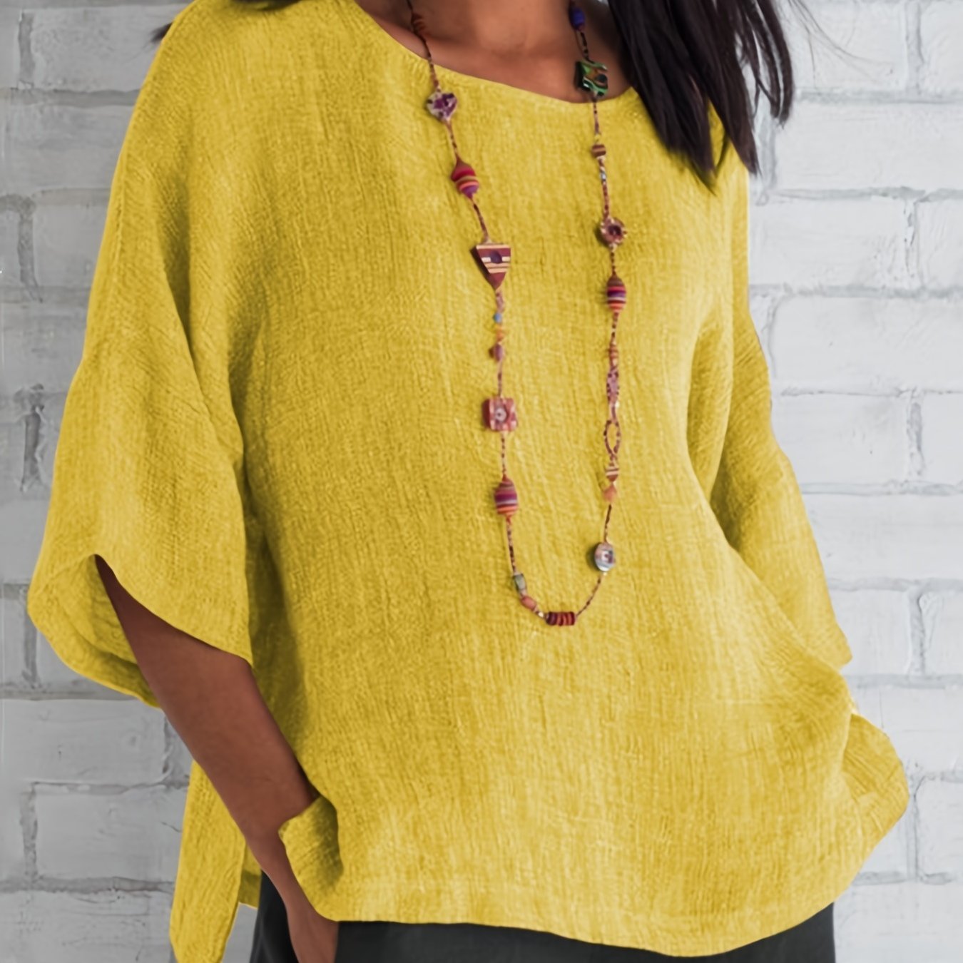 Crew Neck Loose Blouses, Casual Solid Color 3/4 Sleeve Summer Shirts Tops