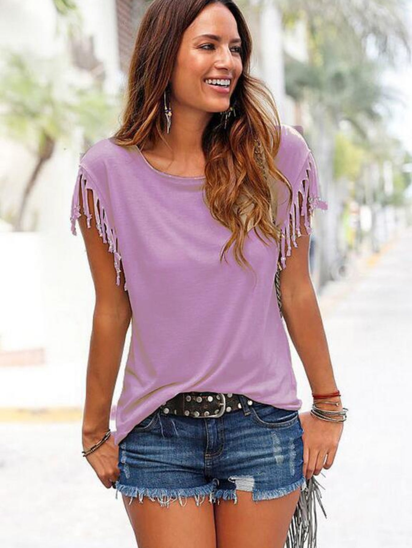 Fringe Hem Solid  T-Shirt, Crew Neck Short Sleeve T-Shirt