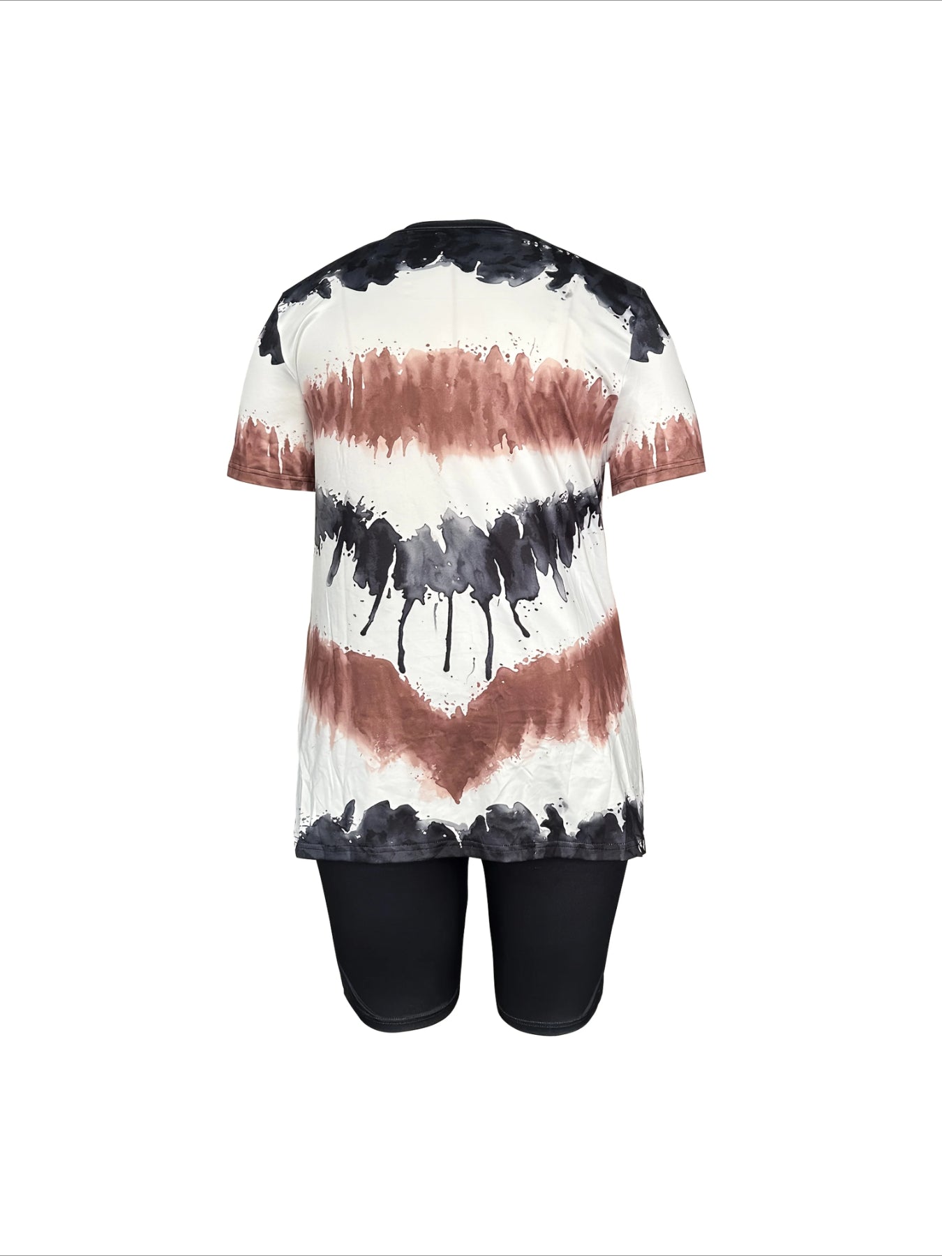 Casual Two-Piece Set Color Block Print Short Sleeve Top With Side Slit & High-Waisted Shorts