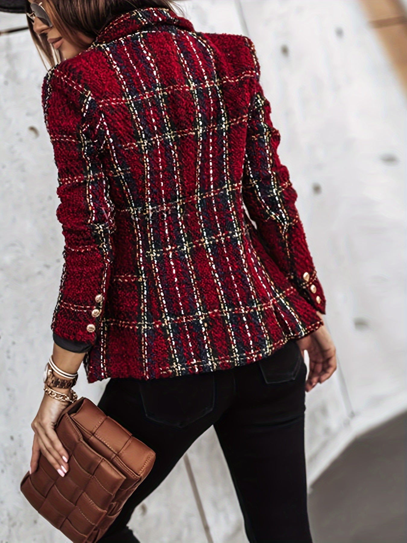 Double-breasted Notched Lapel Blazer, Elegant Plaid Tweed Long Sleeve Blazer For Office & Work