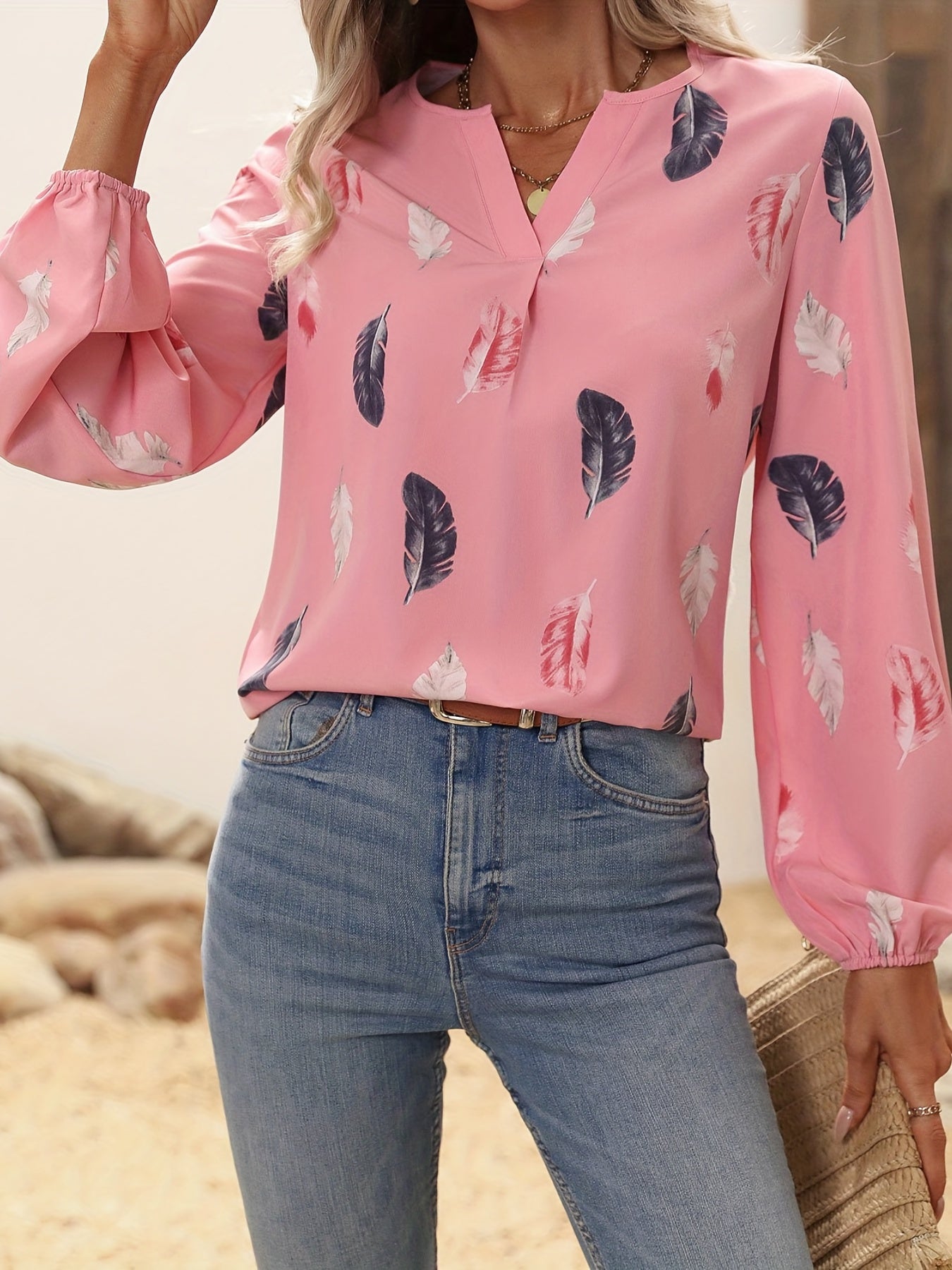 Feather Printed V-neck Loose Shirts, Casual Long Sleeve Fashion Shirts