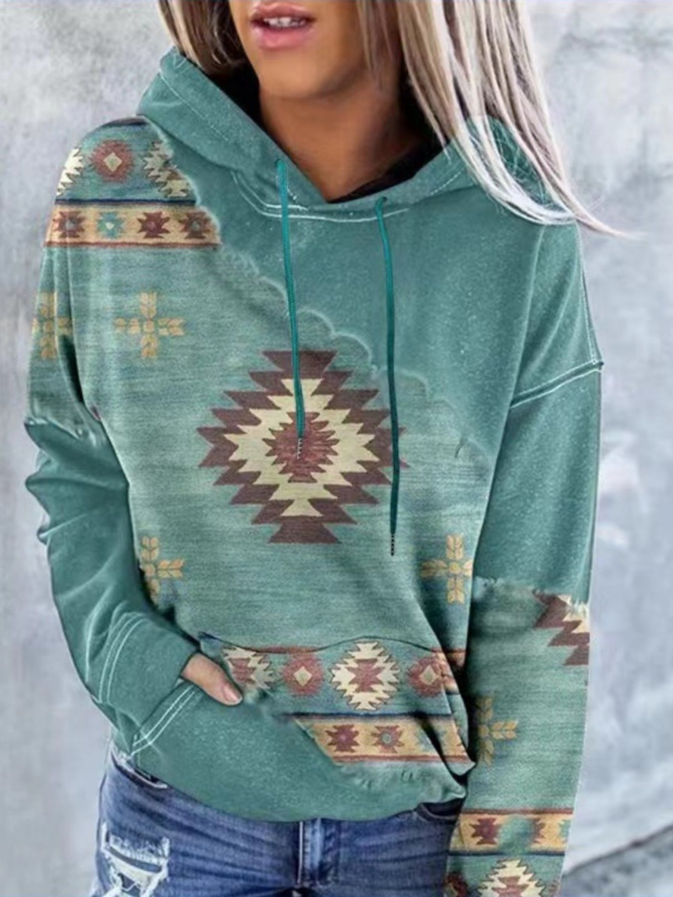 Aztec Geo Print Kangaroo Pocket Hoodie, Casual Long Sleeve Drawstring Hoodies Sweatshirt