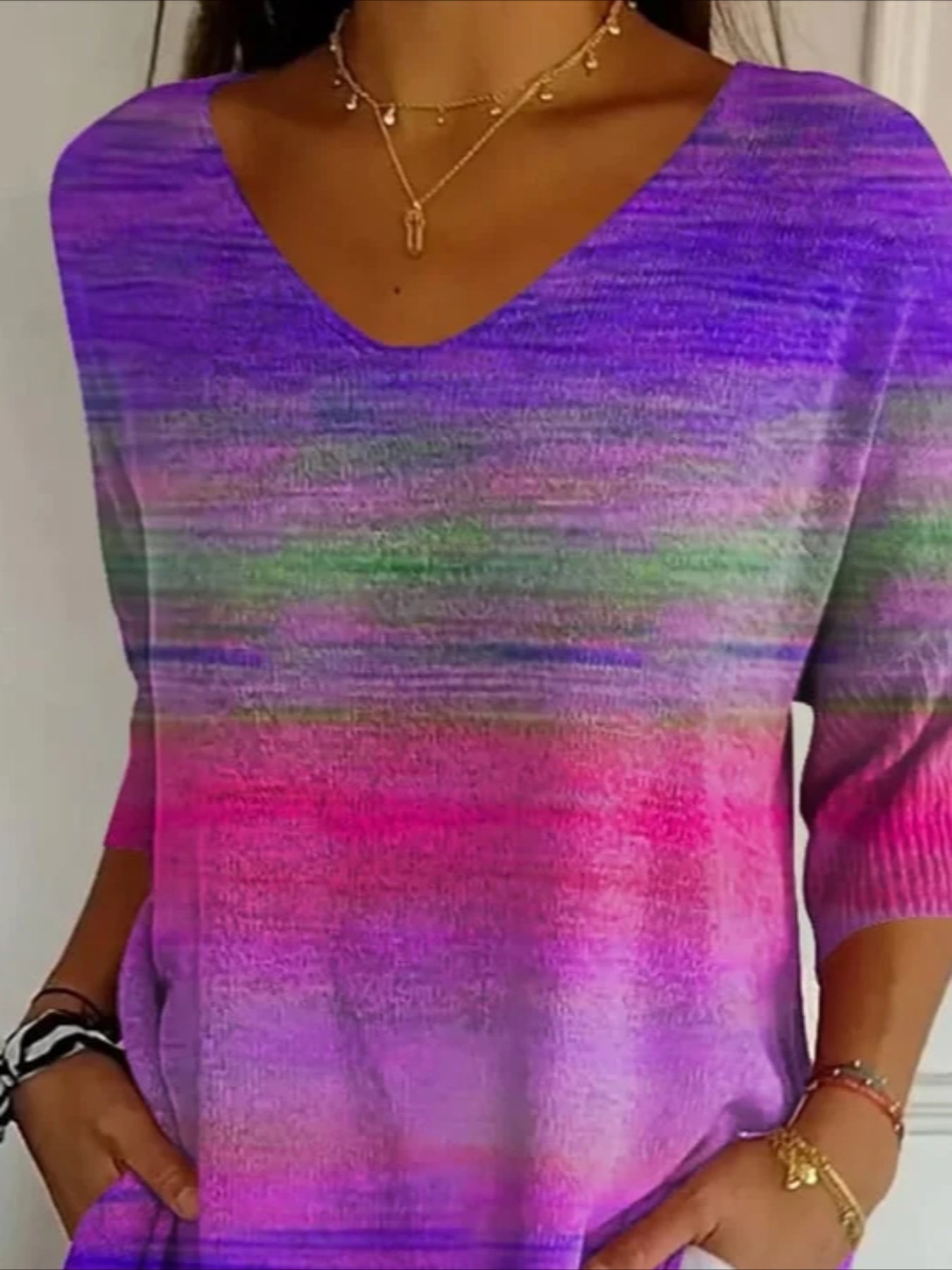 Floral V Neck Printing Casual Three Quarter Sleeve Tee T-shirt