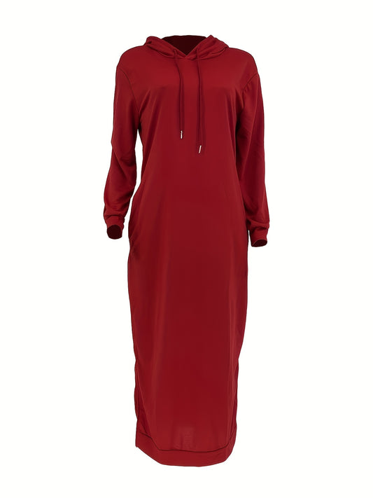 Drawstring Split Dress, Casual Hooded Long Sleeve Maxi Dress