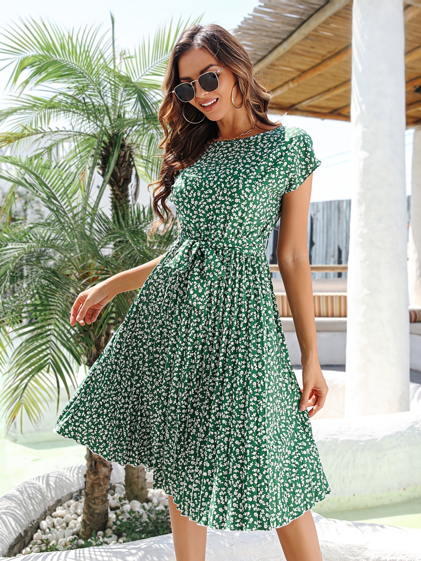 Ditsy Floral Print Belted Dress, Short Sleeve Casual Every Day Vacation Dress