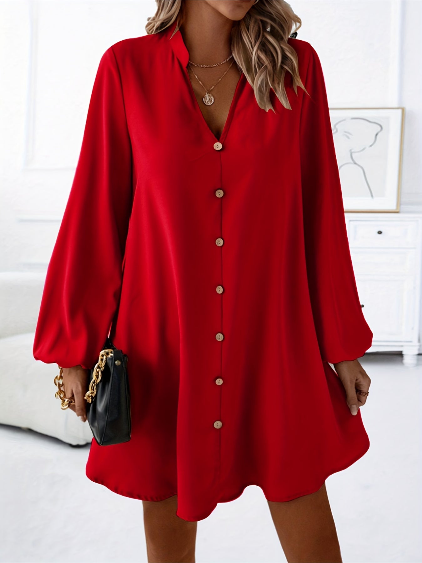 Solid Color V Neck Dress, Casual Long Sleeve Loose Fit Dress
