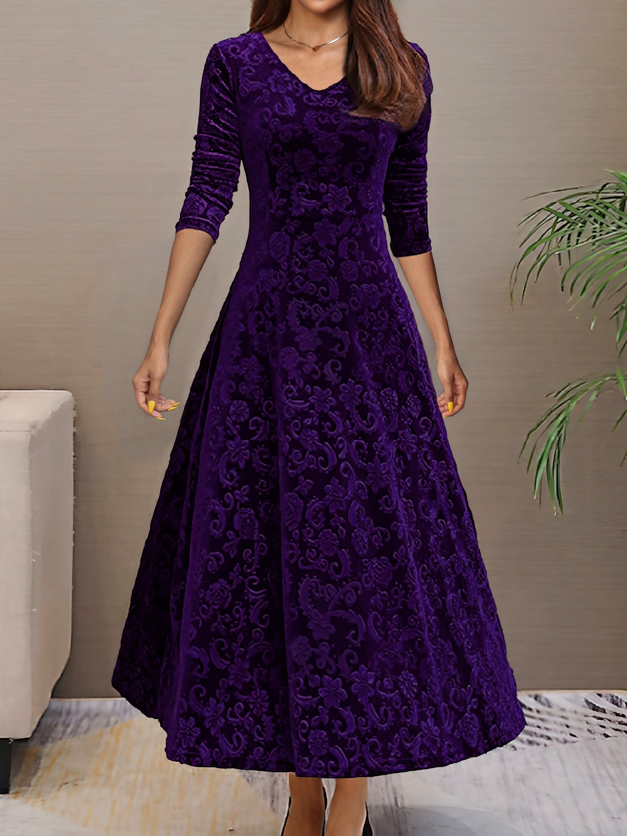 Solid Color Long Sleeve Dress, Elegant V Neck Flared Dress