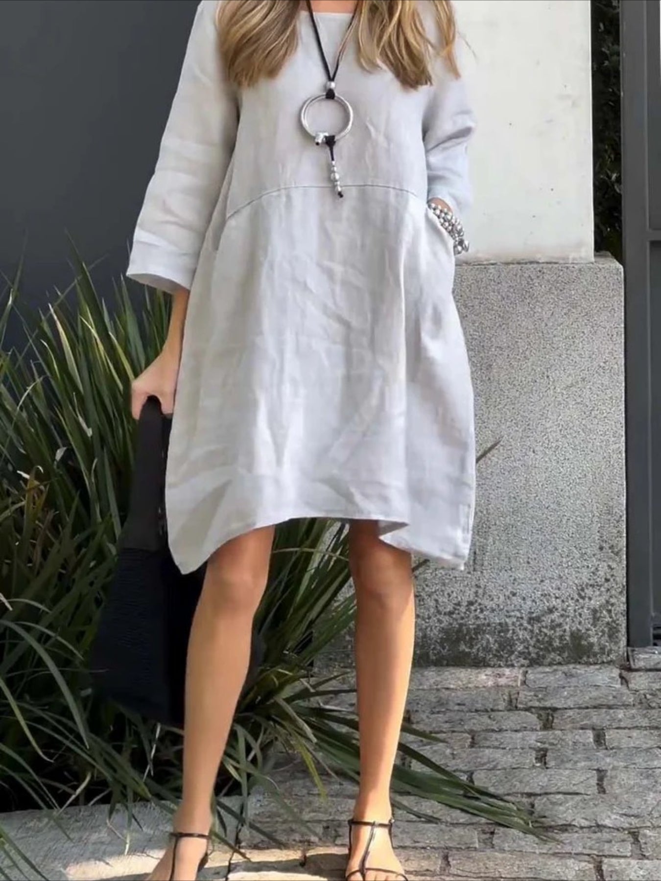 Loose Casual Cotton And Linen Plain Sweashirt Dress
