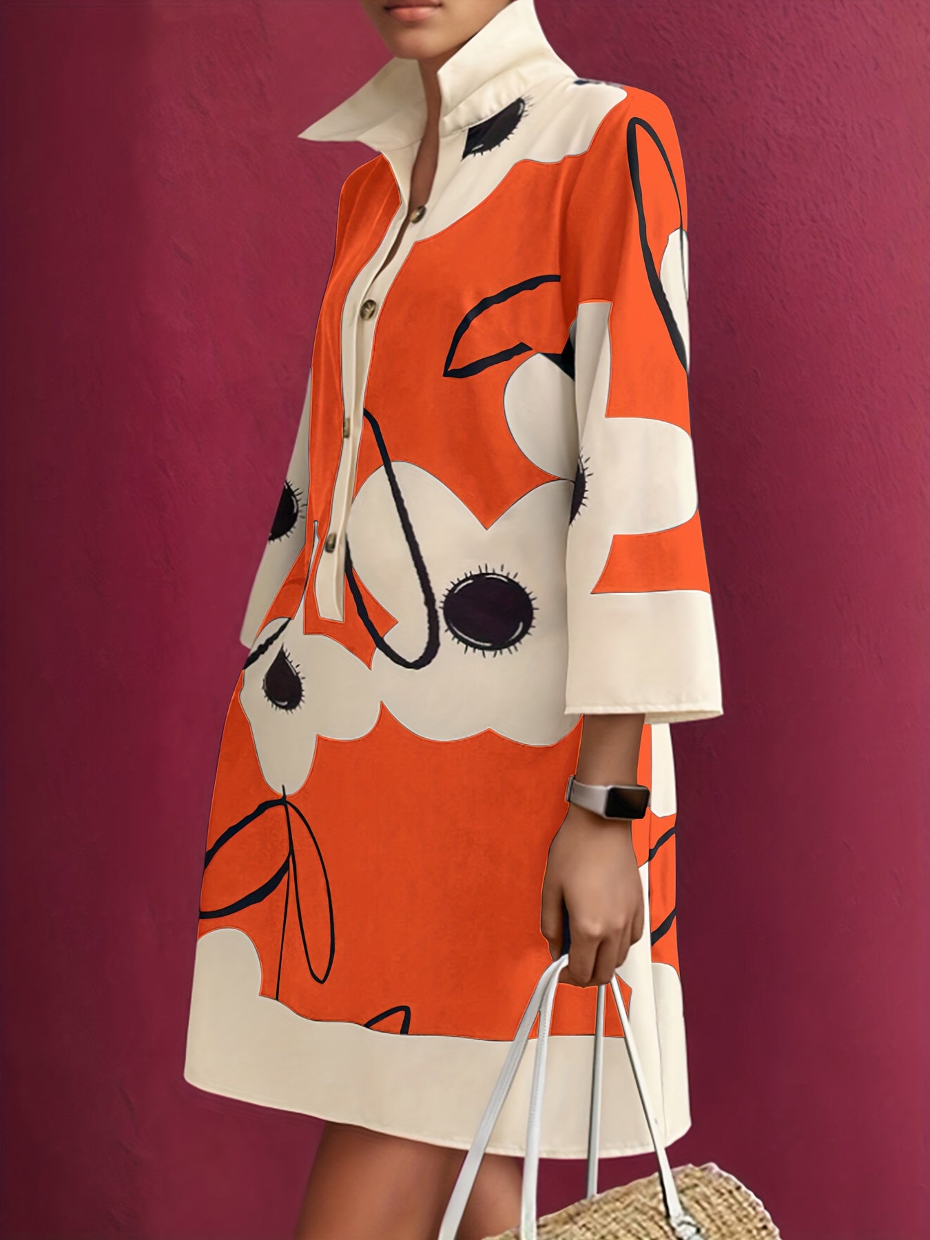 Long Sleeves and Pockets Loose Fit Floral Print Shirt Dress with Button Front