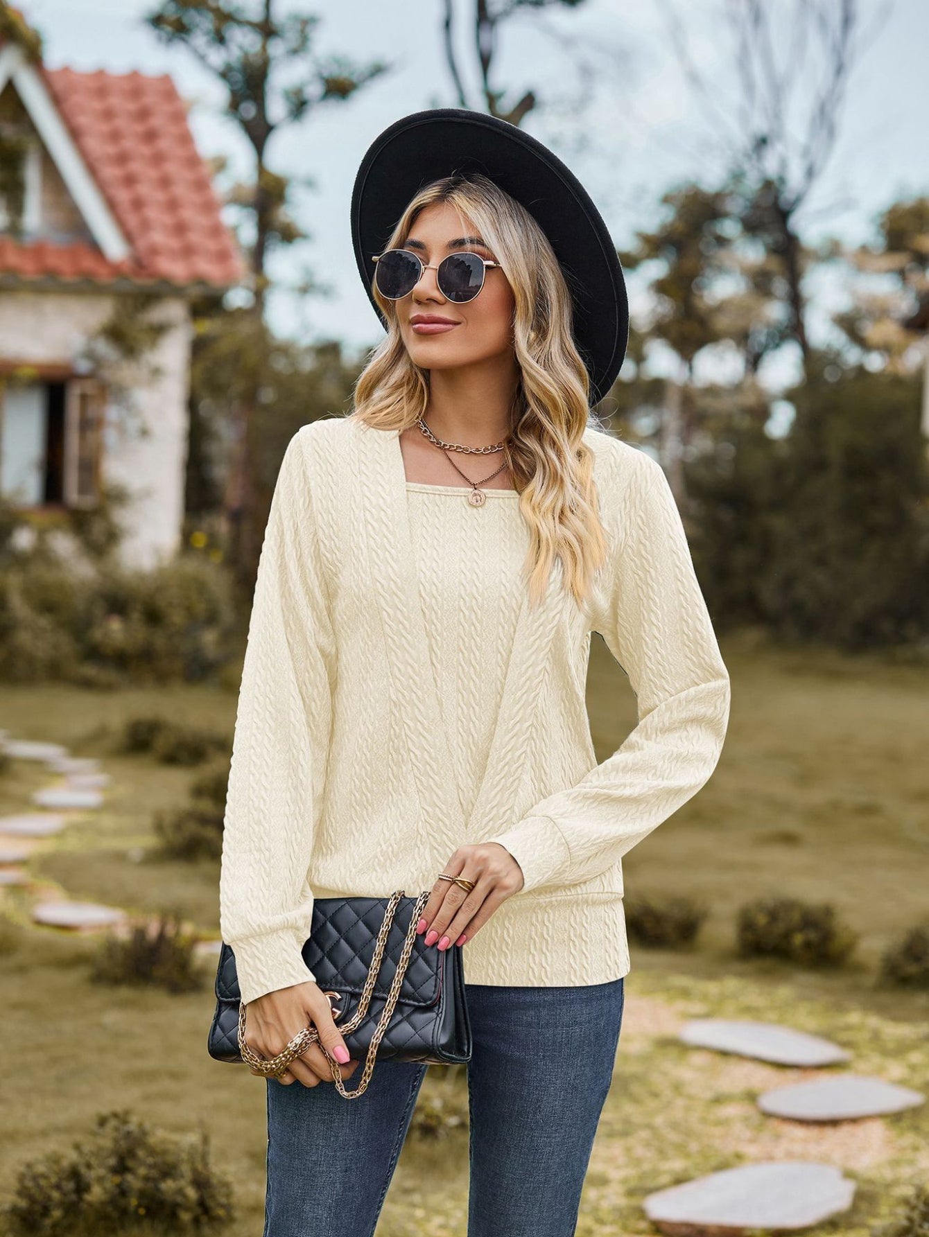 Women's Solid Cable Faux Twinset Long Sleeve Square Neck Slight Stretch T-shirt