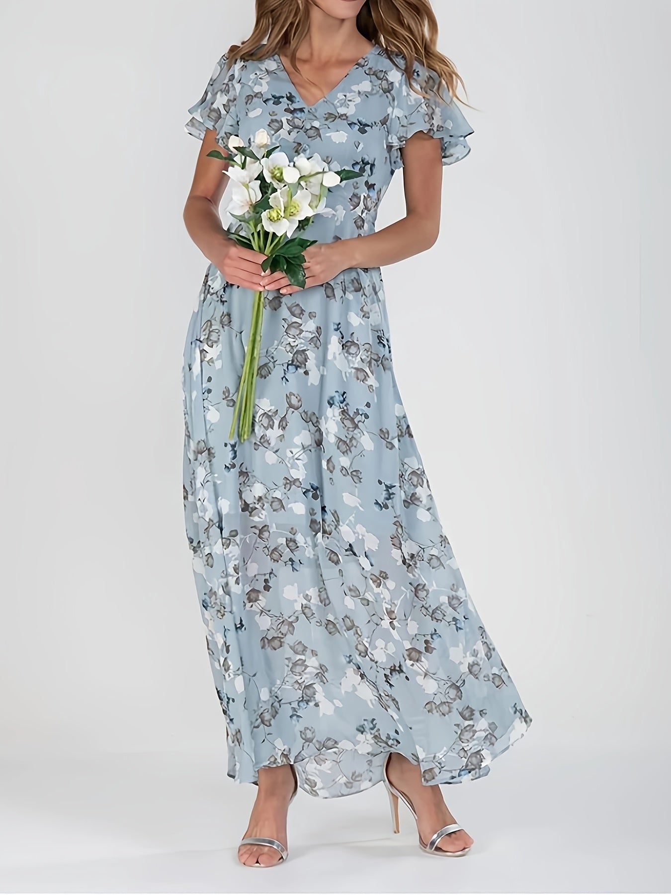 Elegant Floral Print V-Neck Maxi Dress