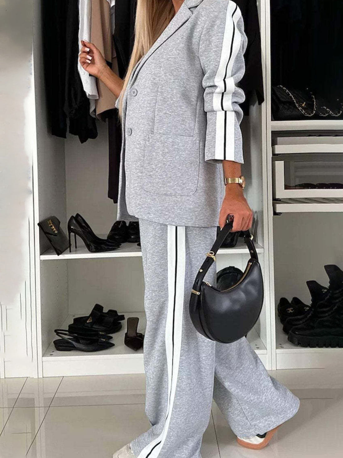 Full Size Contrast Lapel Collar Top and Pants Set