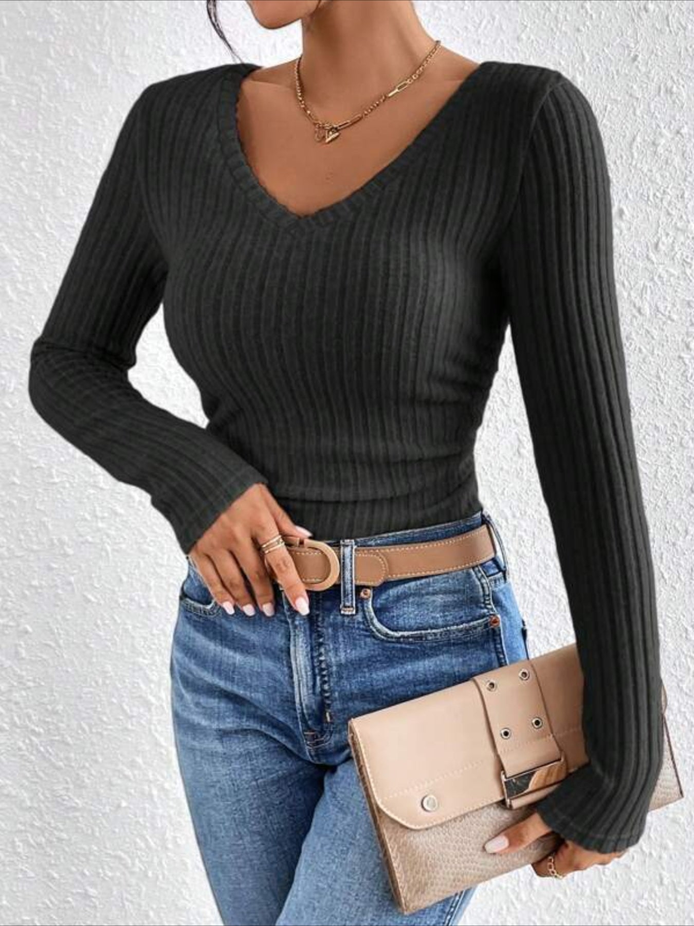 Solid Color Ribbed Long Sleeve T-shirt, Elegant V Neck Top