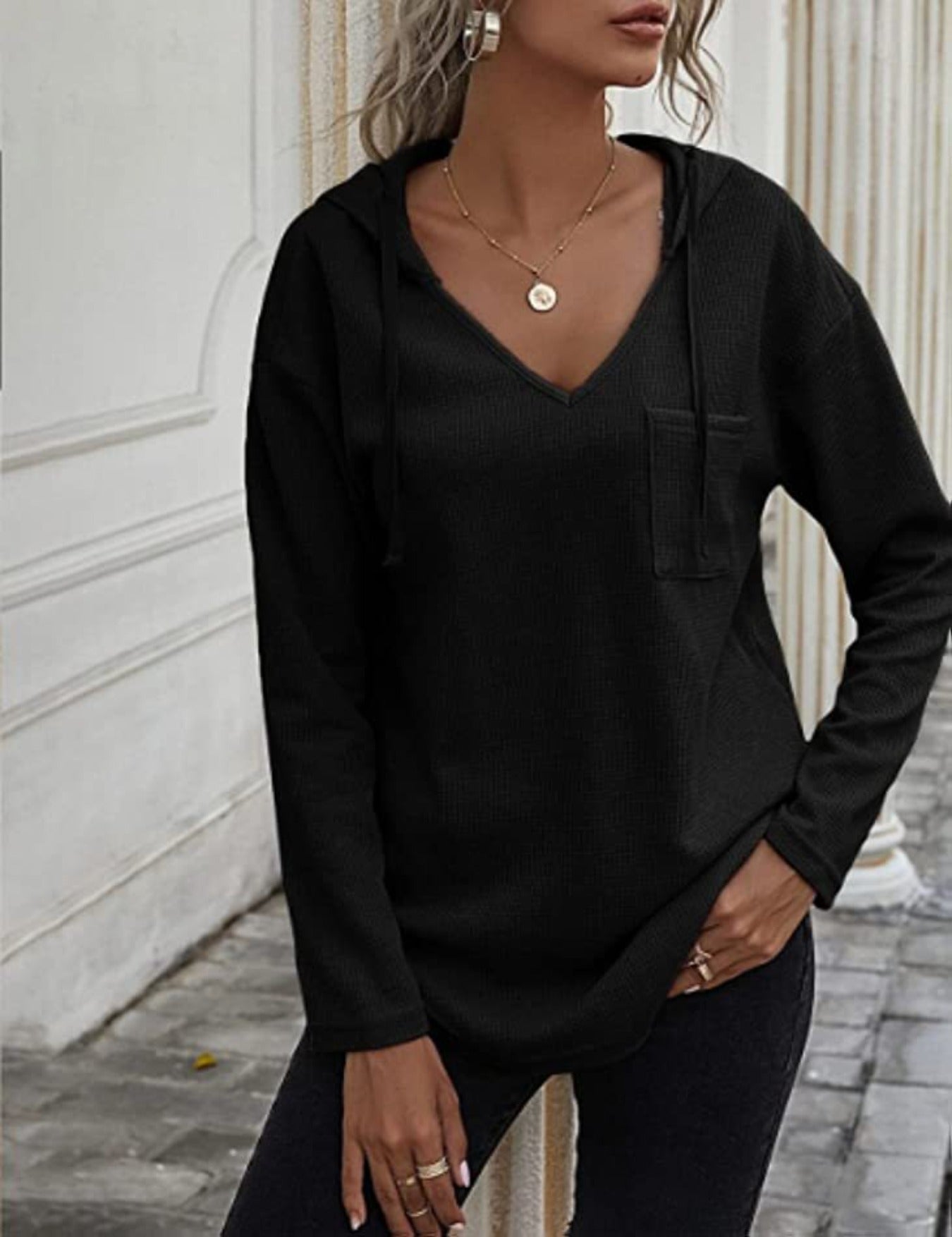 Drawstring Solid Waffle Hoodies, Casual V Neck Long Sleeve Sweatshirt With Pocket
