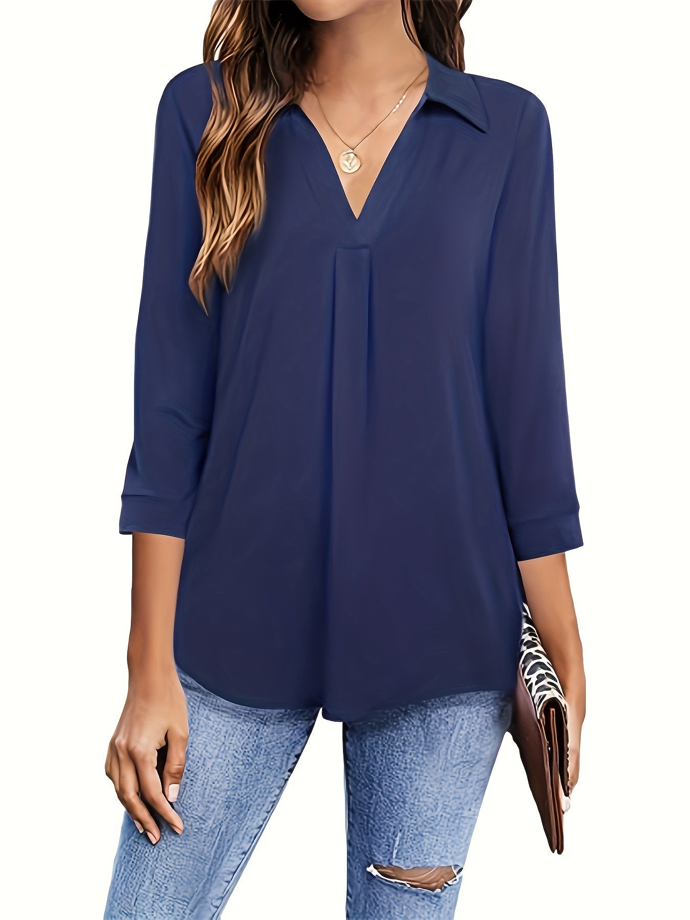 Solid V-neck Blouse, Casual 3/4 Sleeve Blouse