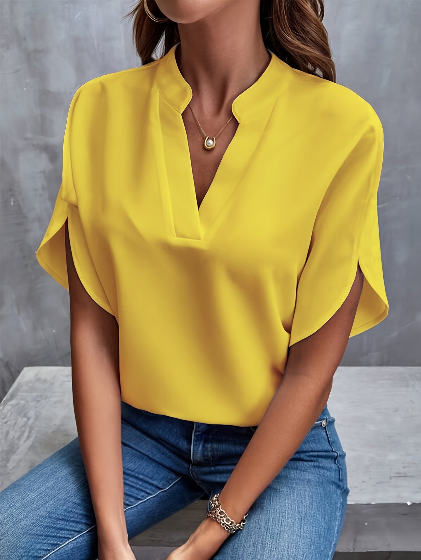 Women's Casual Notch Neck Blouse with Split Sleeves