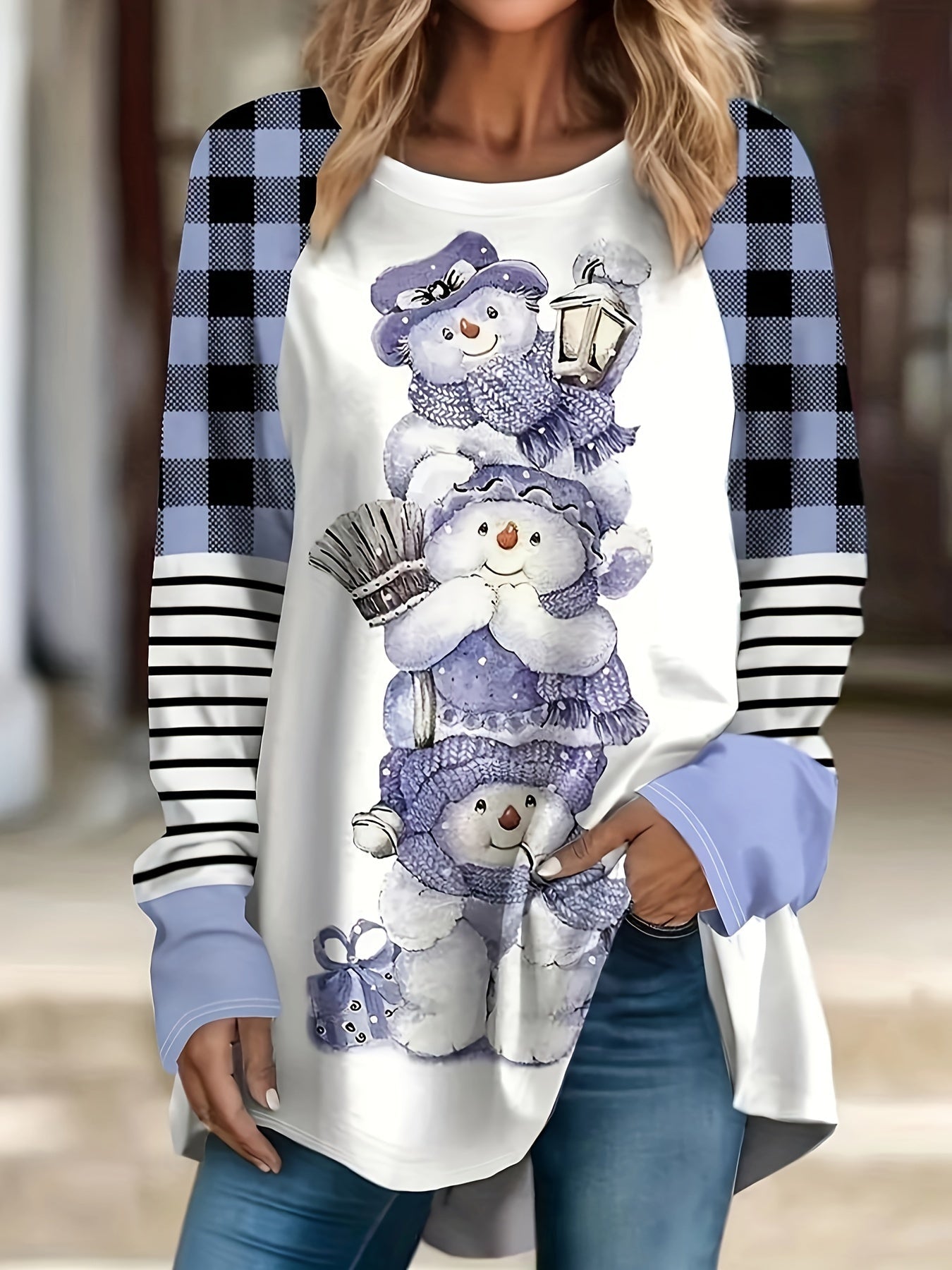 Casual T-shirt, Women's Colorblock Gingham & Stripe & Bear Print Long Sleeve Round Neck Tunic Top