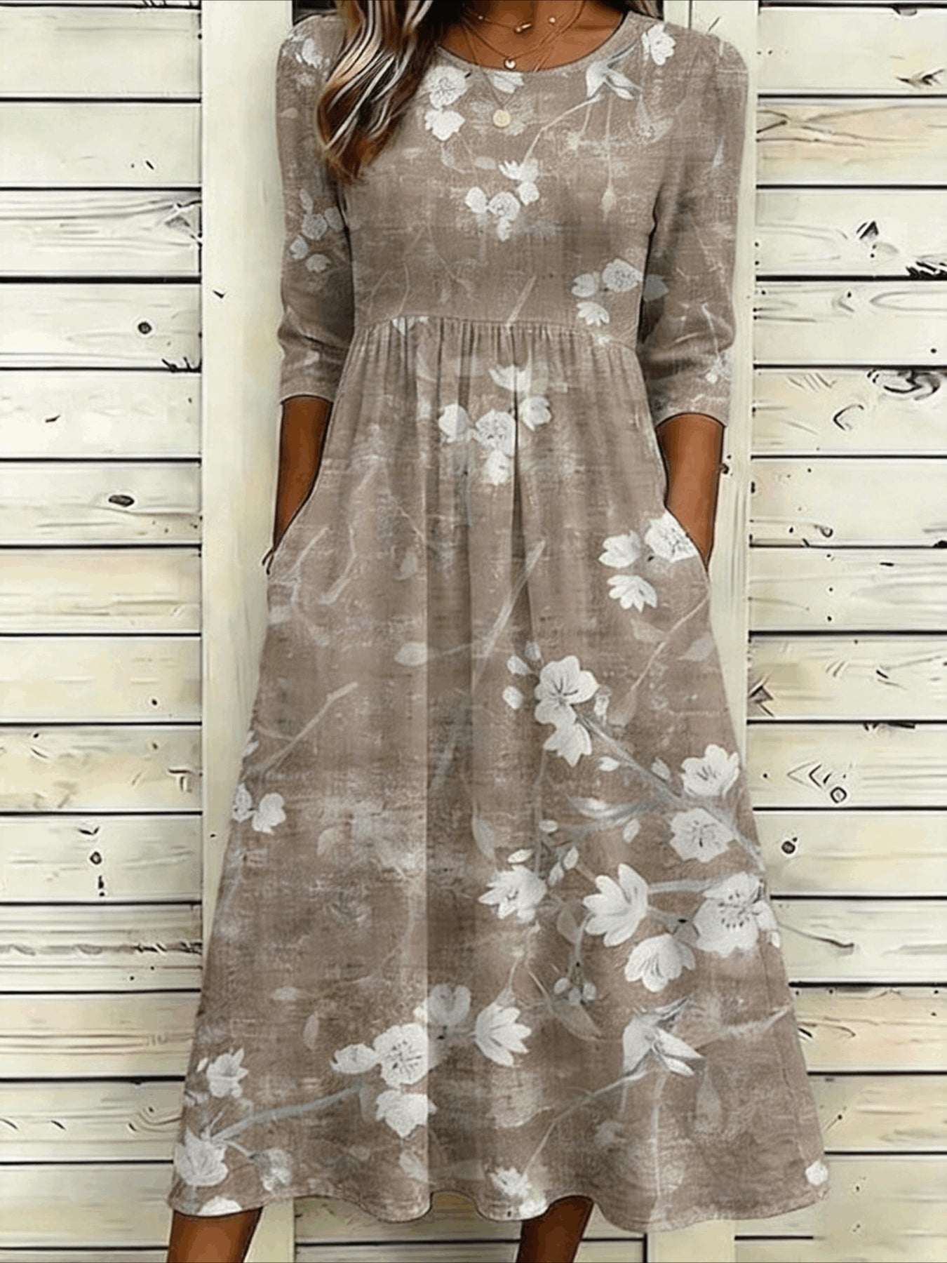 Flower Casual Round Neck Half Sleeve Mid Dress