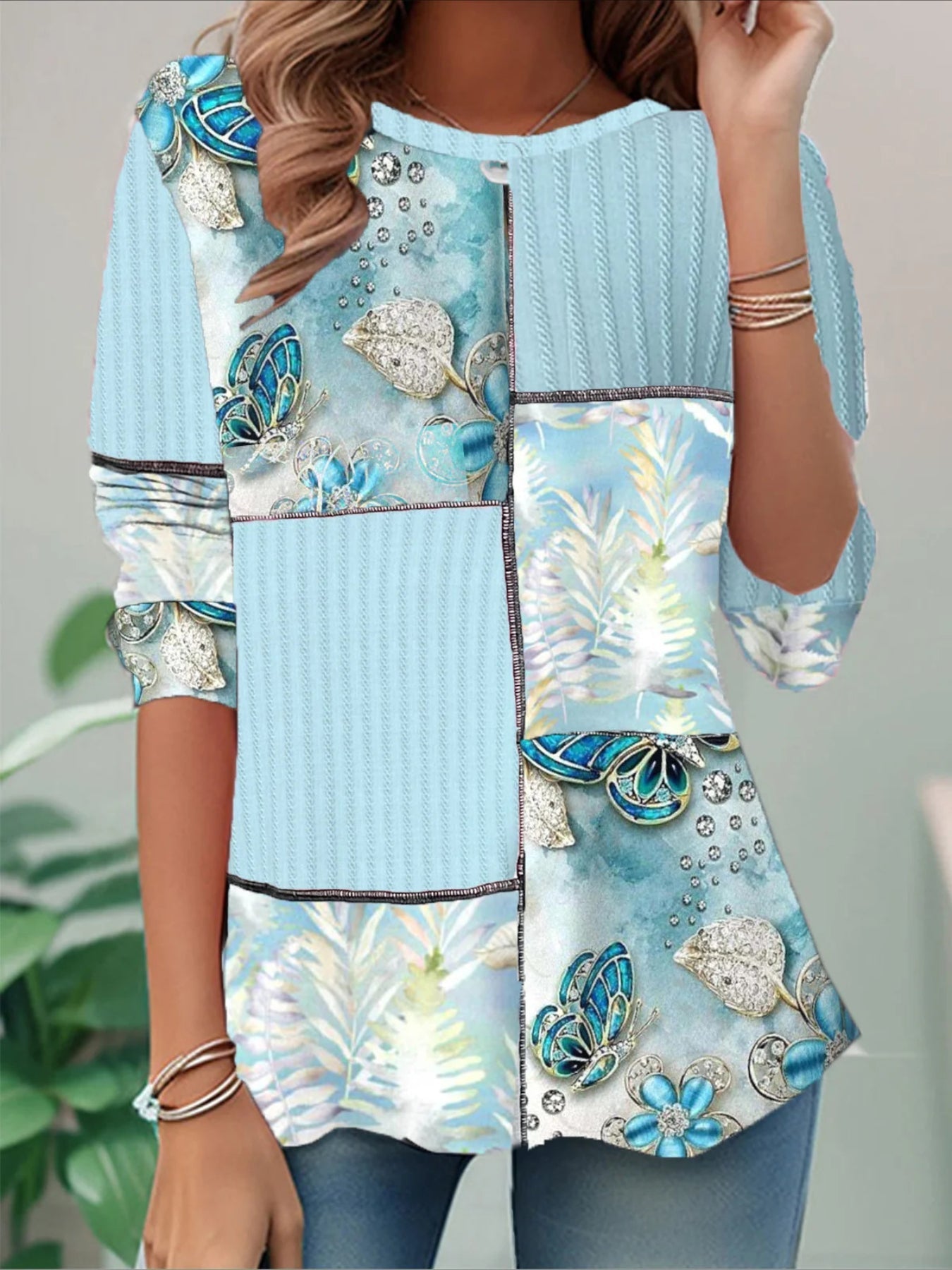 Elegant Color Block Print Crew Neck Long Sleeve T-Shirt