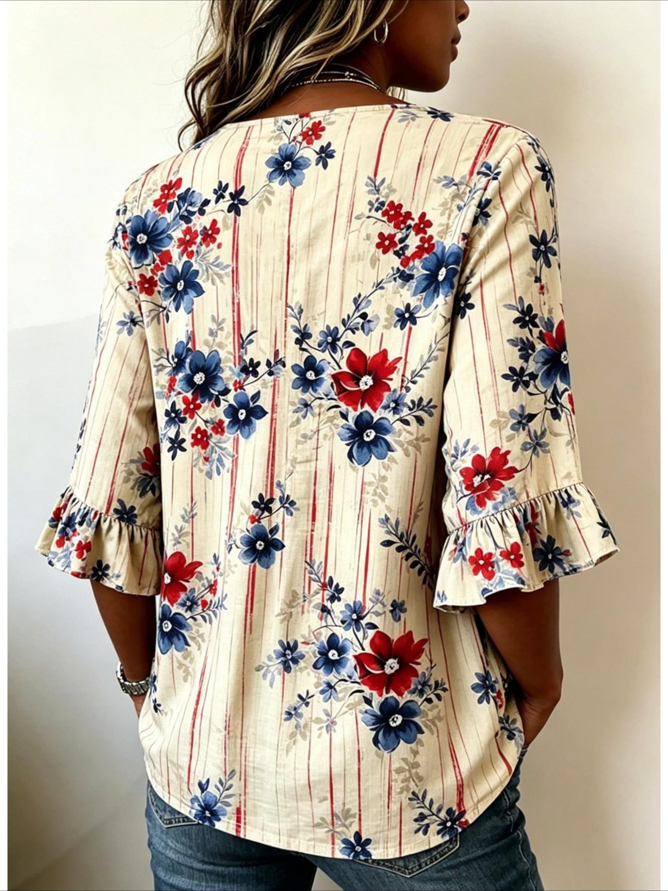 Flower Print V Neck Button Short Ruffle Sleeve Casual Top
