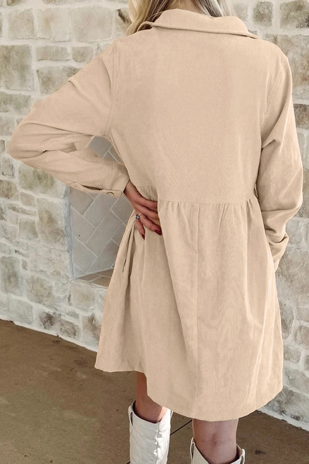 Dear Lovers Oatmeal Corduroy Half Button Collared Long Sleeve Mini Dress