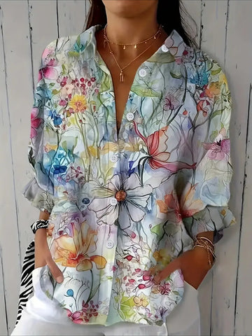 Floral Long Sleeve Printing Collar Daily Casual Top