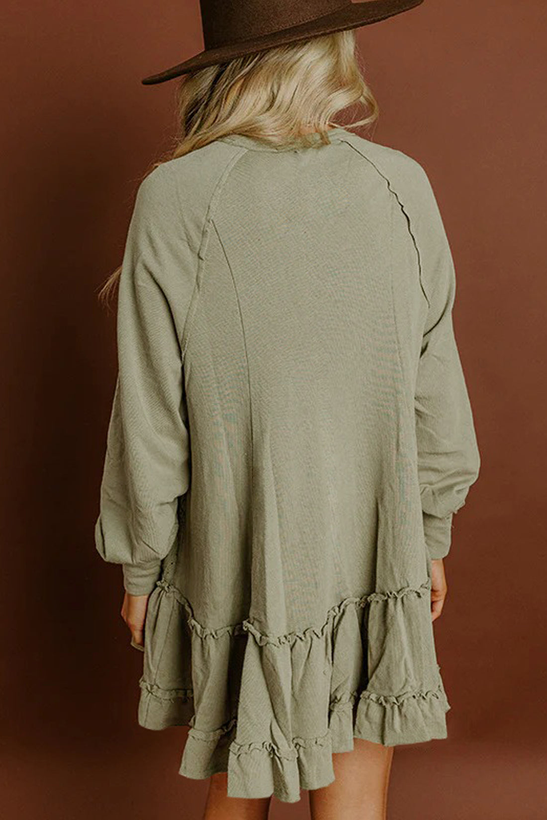 Laurel Green Jacquard Frilled Ruffled Long Sleeve Mini Dress