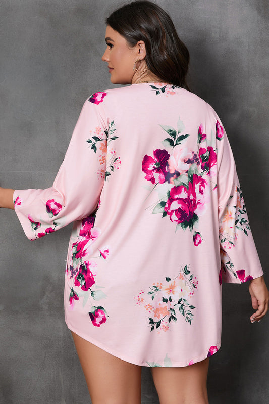 Pink Plus Size Floral Print Kimono