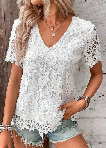 Solid Color Lace Jacquard Short Sleeve T-Shirt