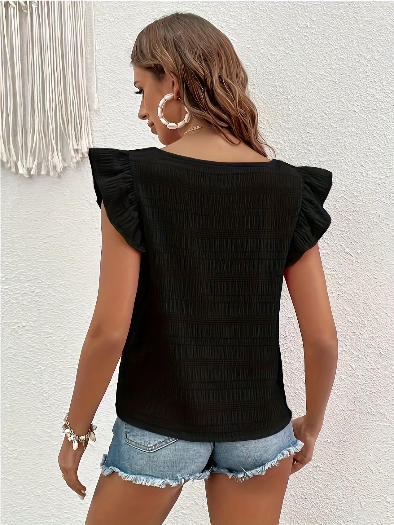 Ruffle Trim Solid Blouse, Elegant Squared Neck Versatile Blouse