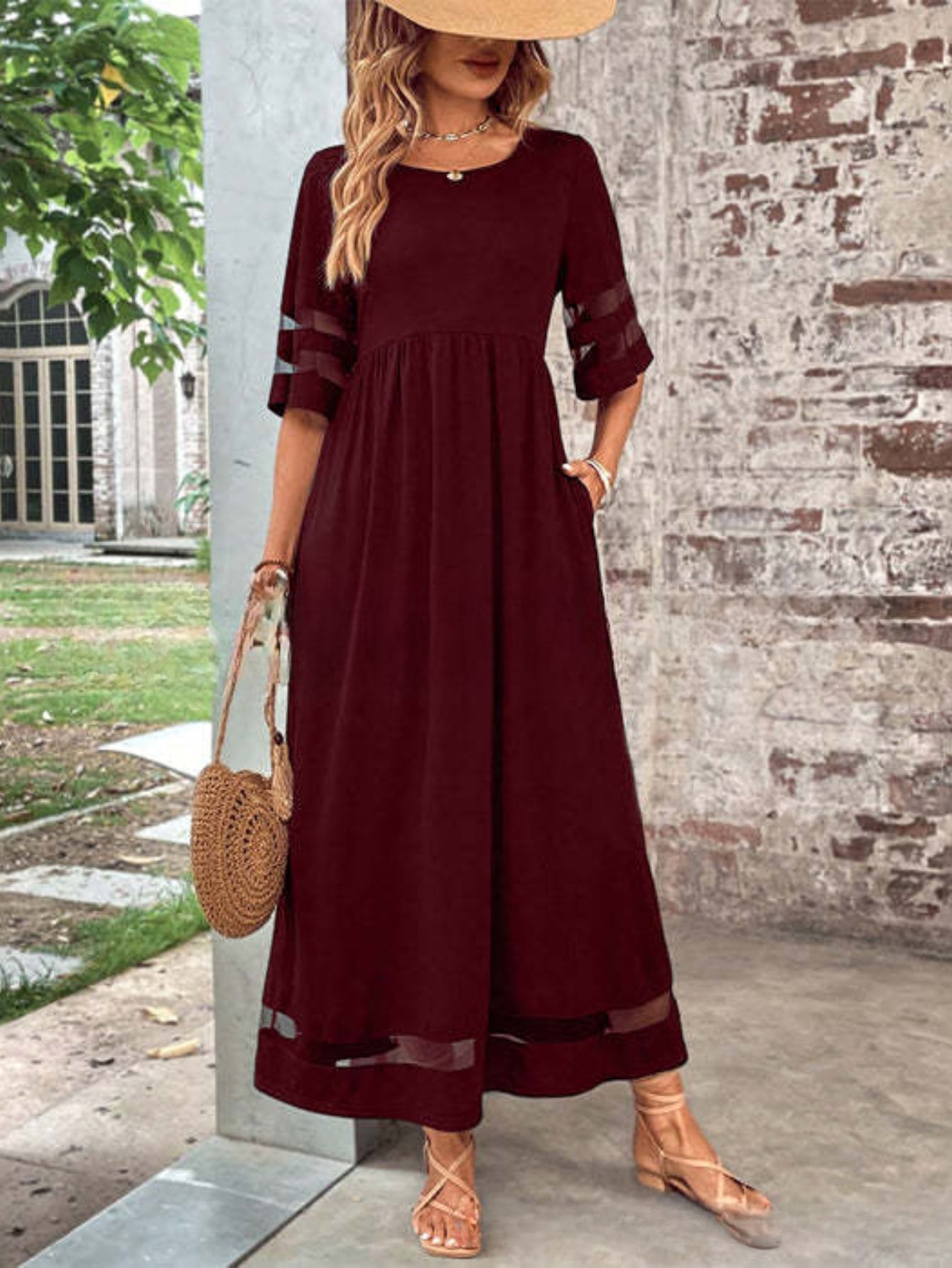 Elegant Crew Neck Solid Color Slimming Mesh Panel Maxi Dress