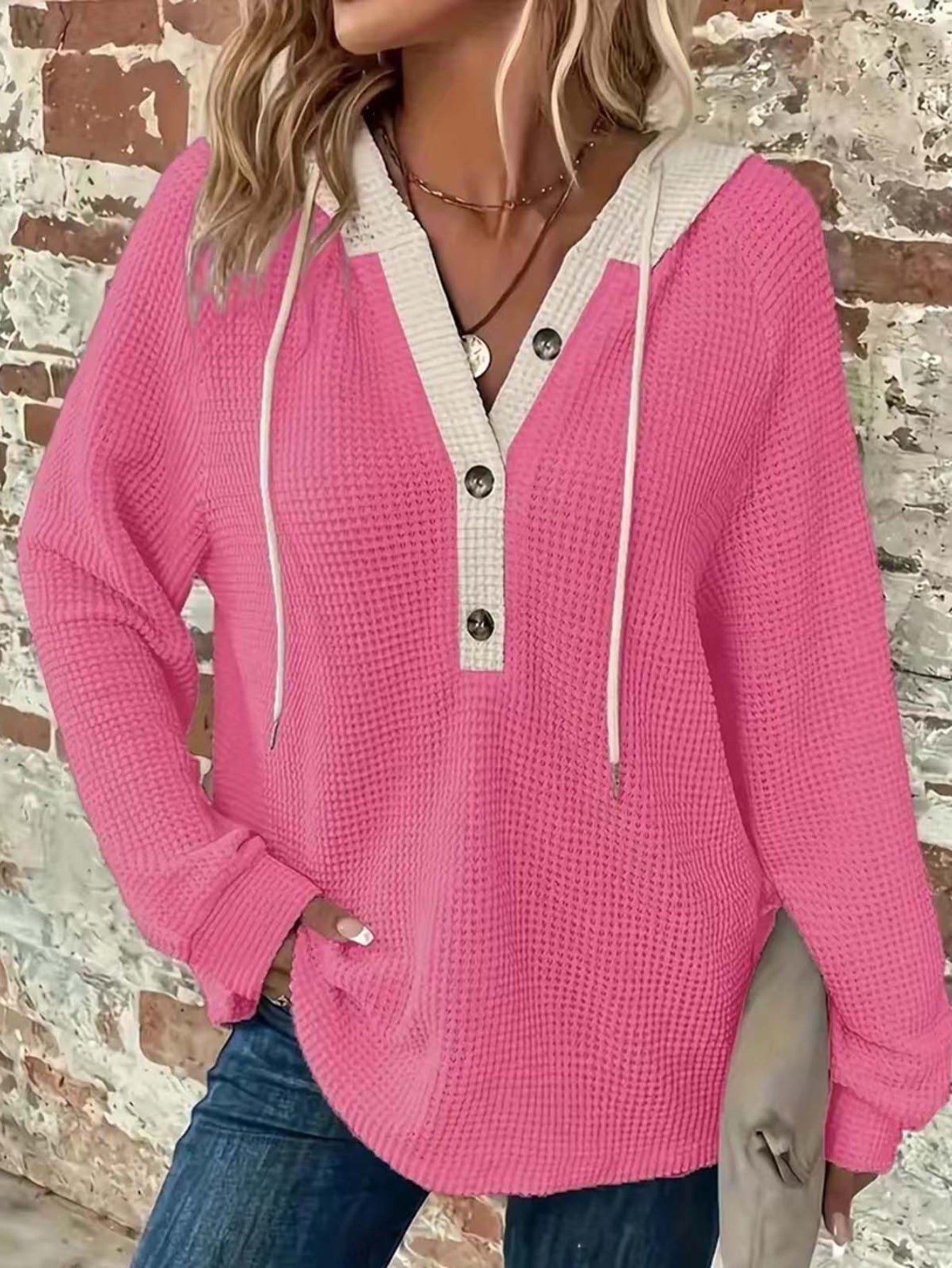 Casual Hoodie Sweatshirt | Women's Semi-Sheer, Solid Knit | Stretch Fit with Button Detail | Easy-Care