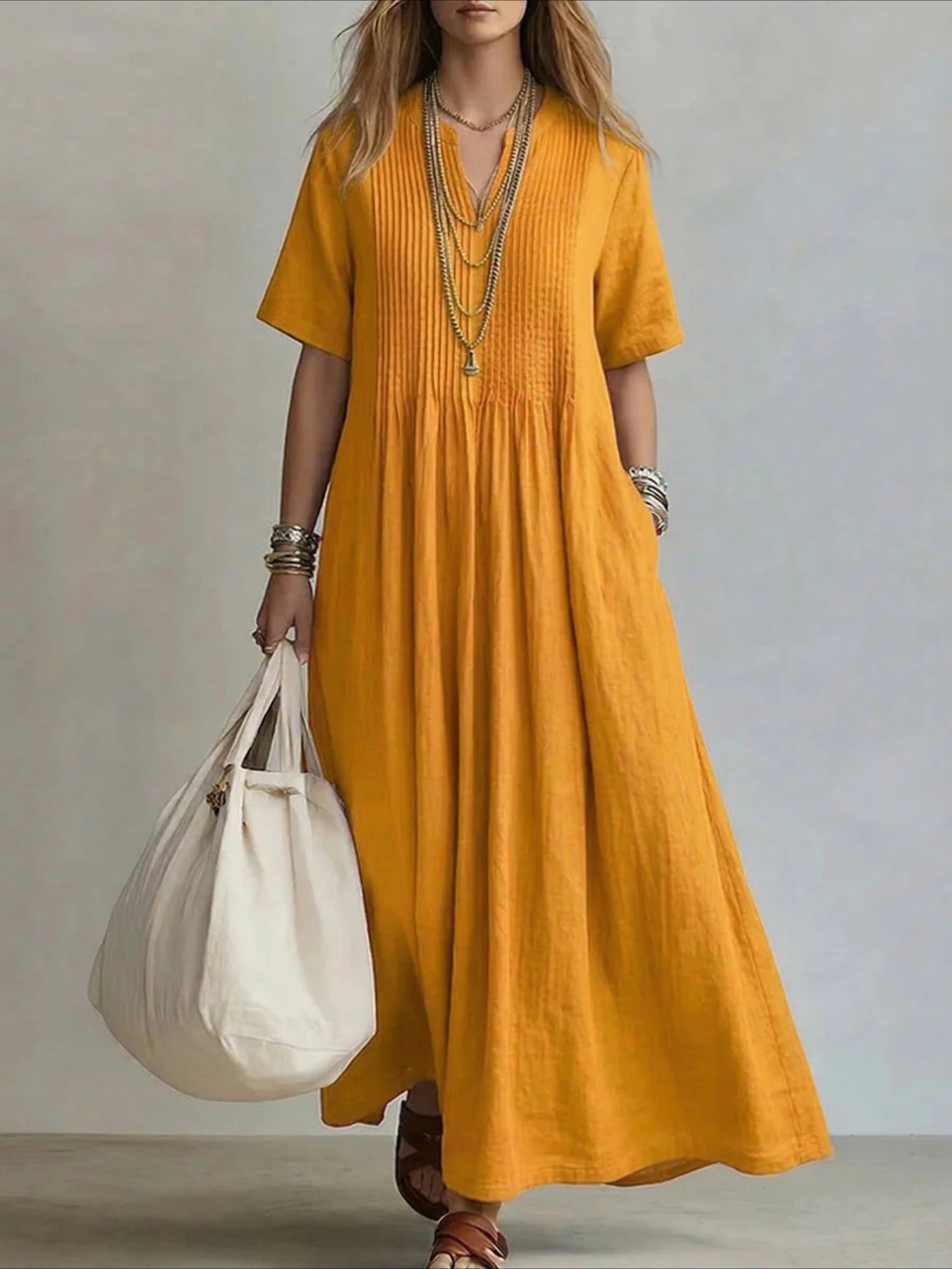 V-neck Short Sleeve Pleated Design Casual Loose Fit Maxi Dress