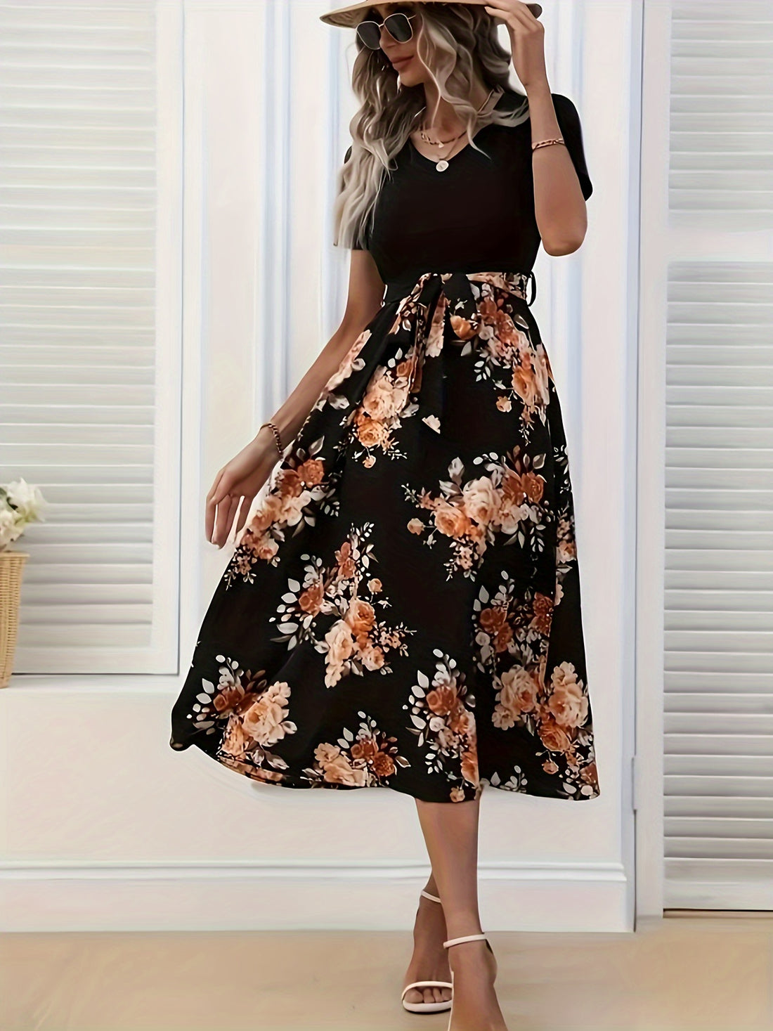 Floral Print Belted Splicing Dress, Elegant Short Sleeve V-neck Color Block Dress