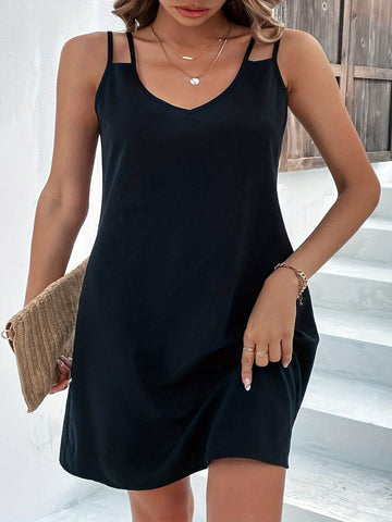 Solid Split Strap V Neck Medium Stretch Dress