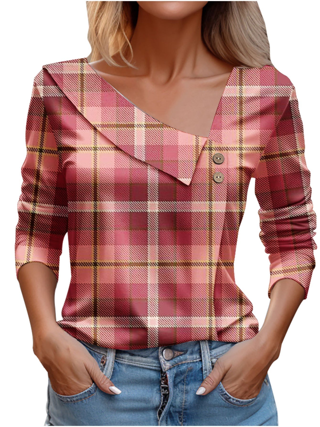 Chic Plaid Print Elegant Long Sleeve V-Neck T-Shirt