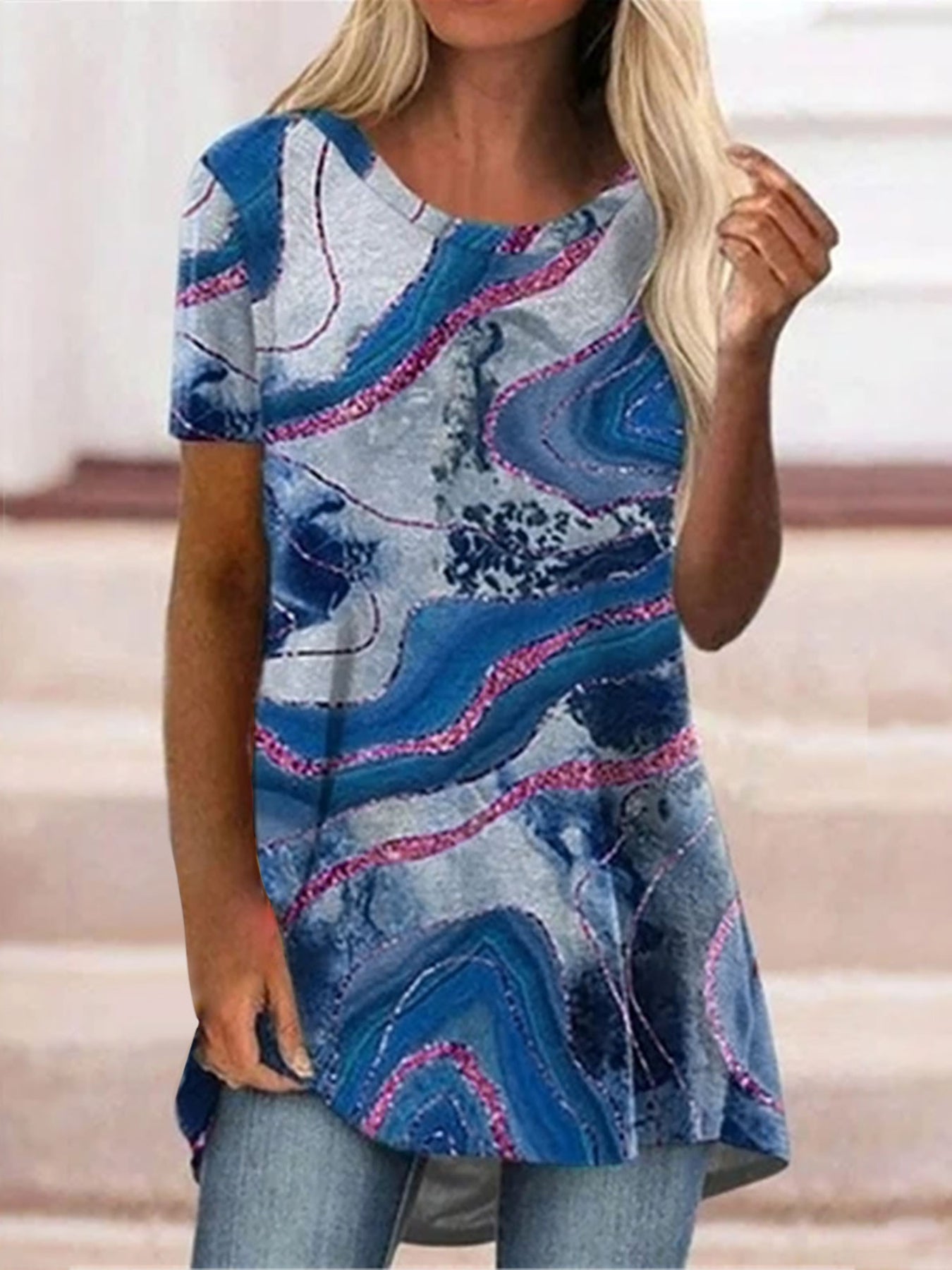 Geometric Print Crew Neck T-shirt, Vintage Short Sleeve T-shirt