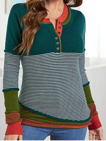 Women'S Y2K Striped Color Block Crew Neck Pullover Sweater - Casual Patchwork Jumper