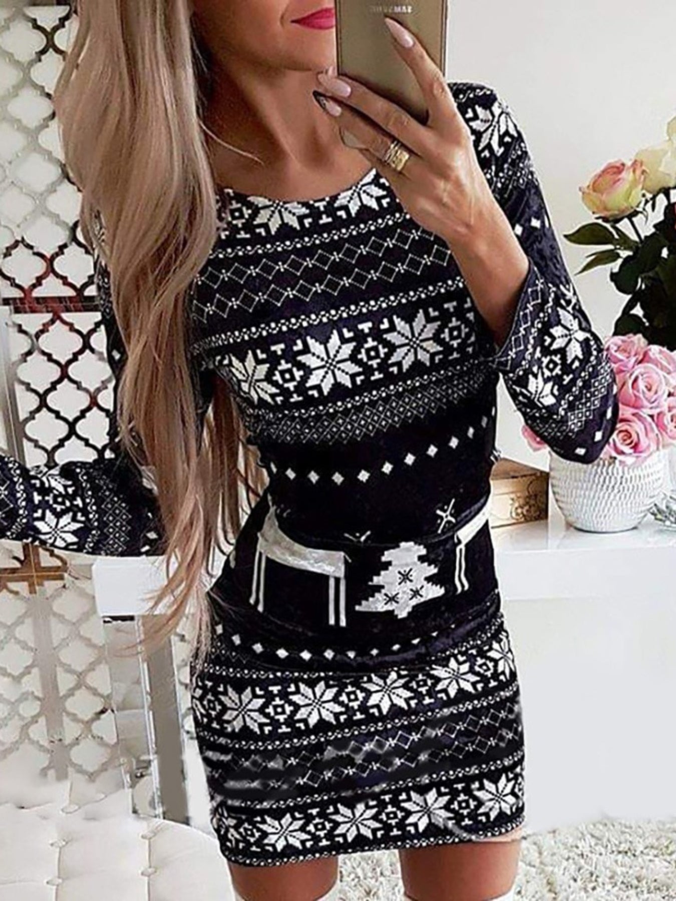 Christmas Snowflake Print Mini Dress, Casual Crew Neck Long Sleeve Dress