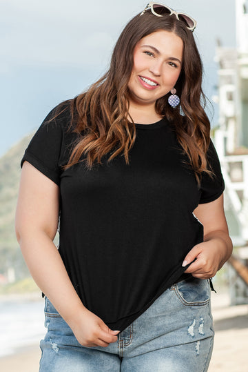 Black Plus Size Cheetah Back Rolled Cuffs T-shirt