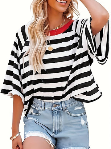 Striped Drop Shoulder Loose T-Shirt, Casual Short Sleeve T-Shirt