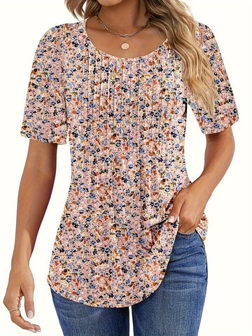Floral Print Pintuck T-Shirt, Casual Short Sleeve Top