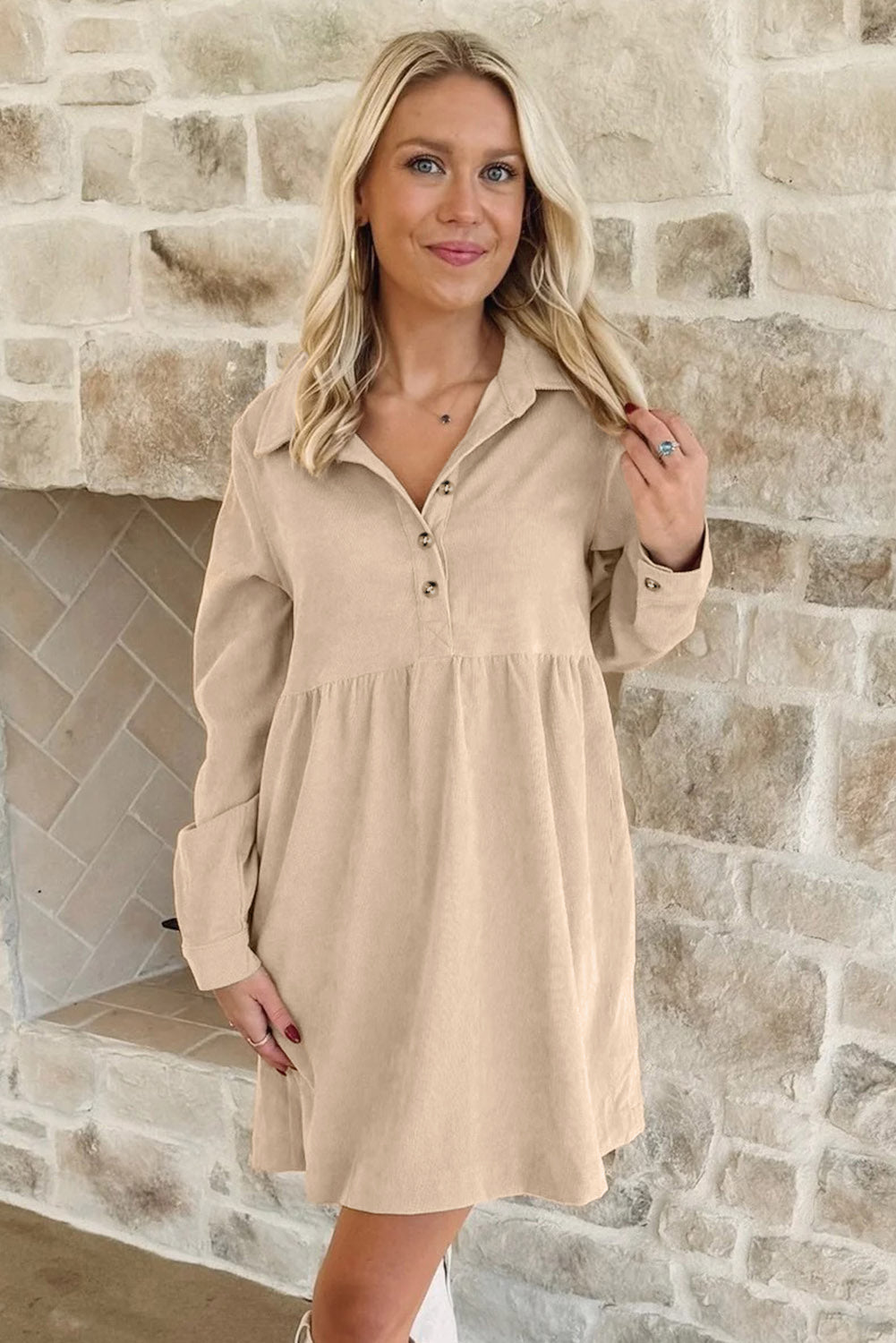 Dear Lovers Oatmeal Corduroy Half Button Collared Long Sleeve Mini Dress