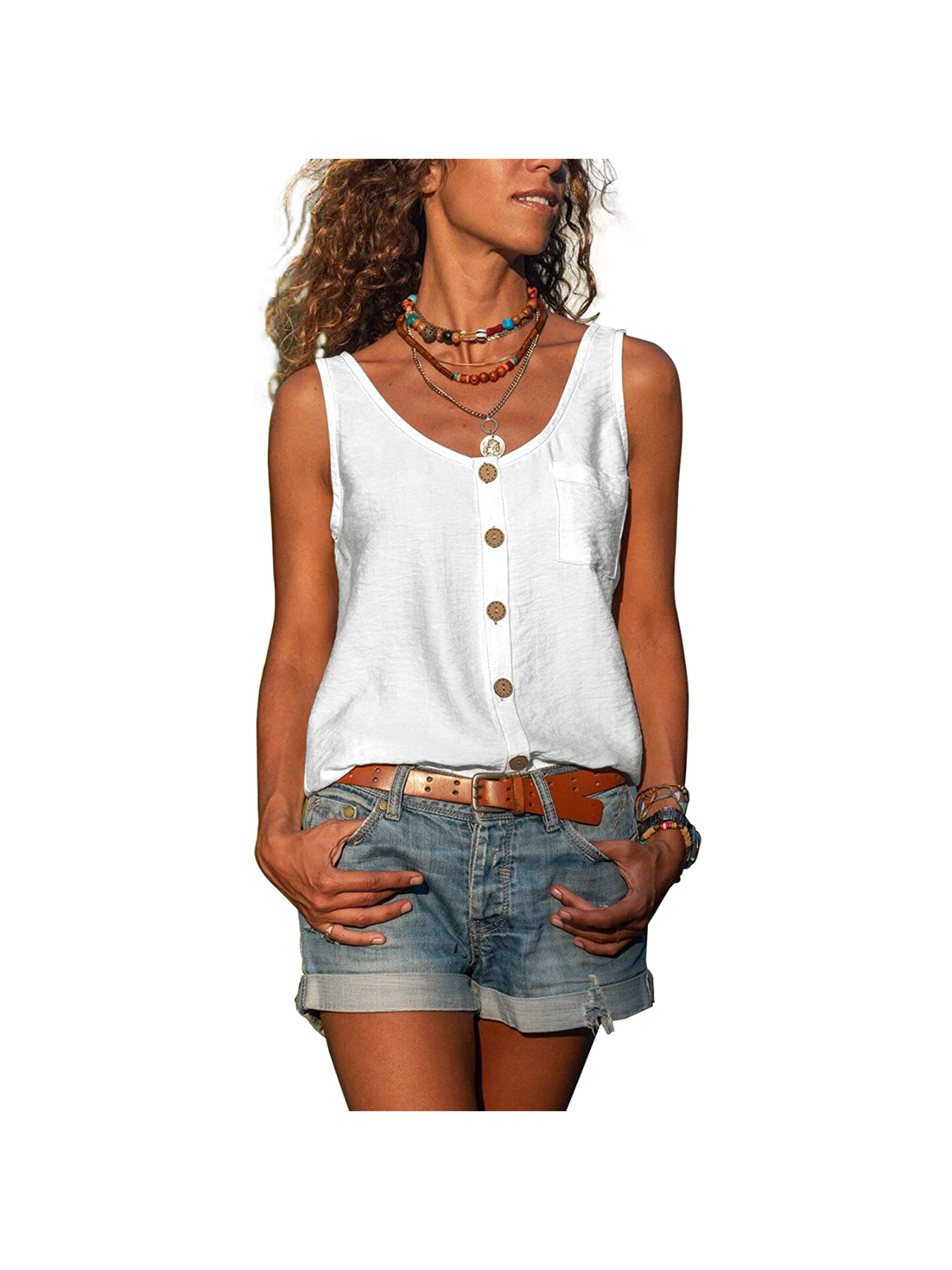 Button Front Scoop Neck Tank Top, Casual Summer Sleeveless Solid Tank Top