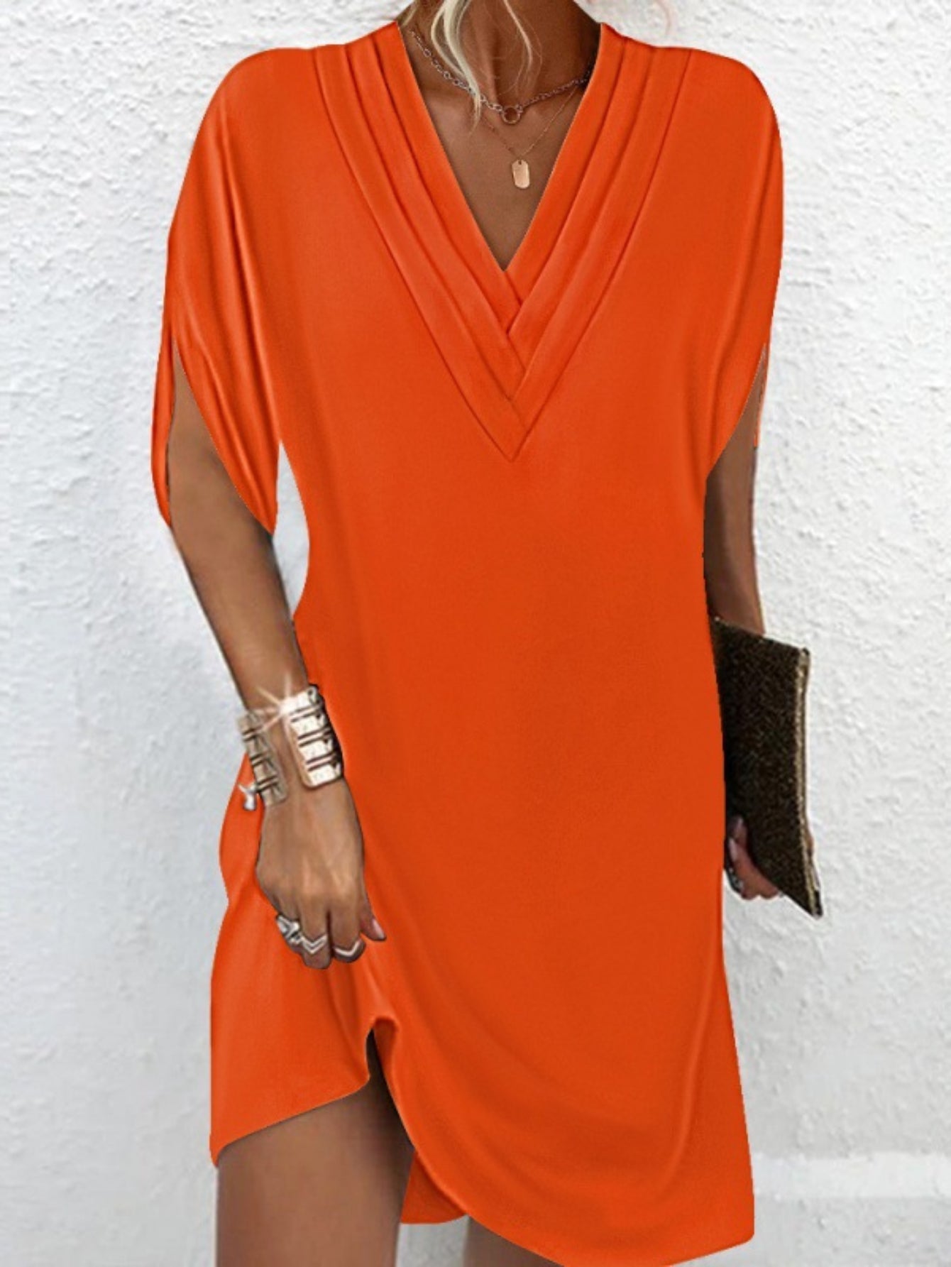 Tucked Solid Dress, Casual V Neck Short Sleeve Dress