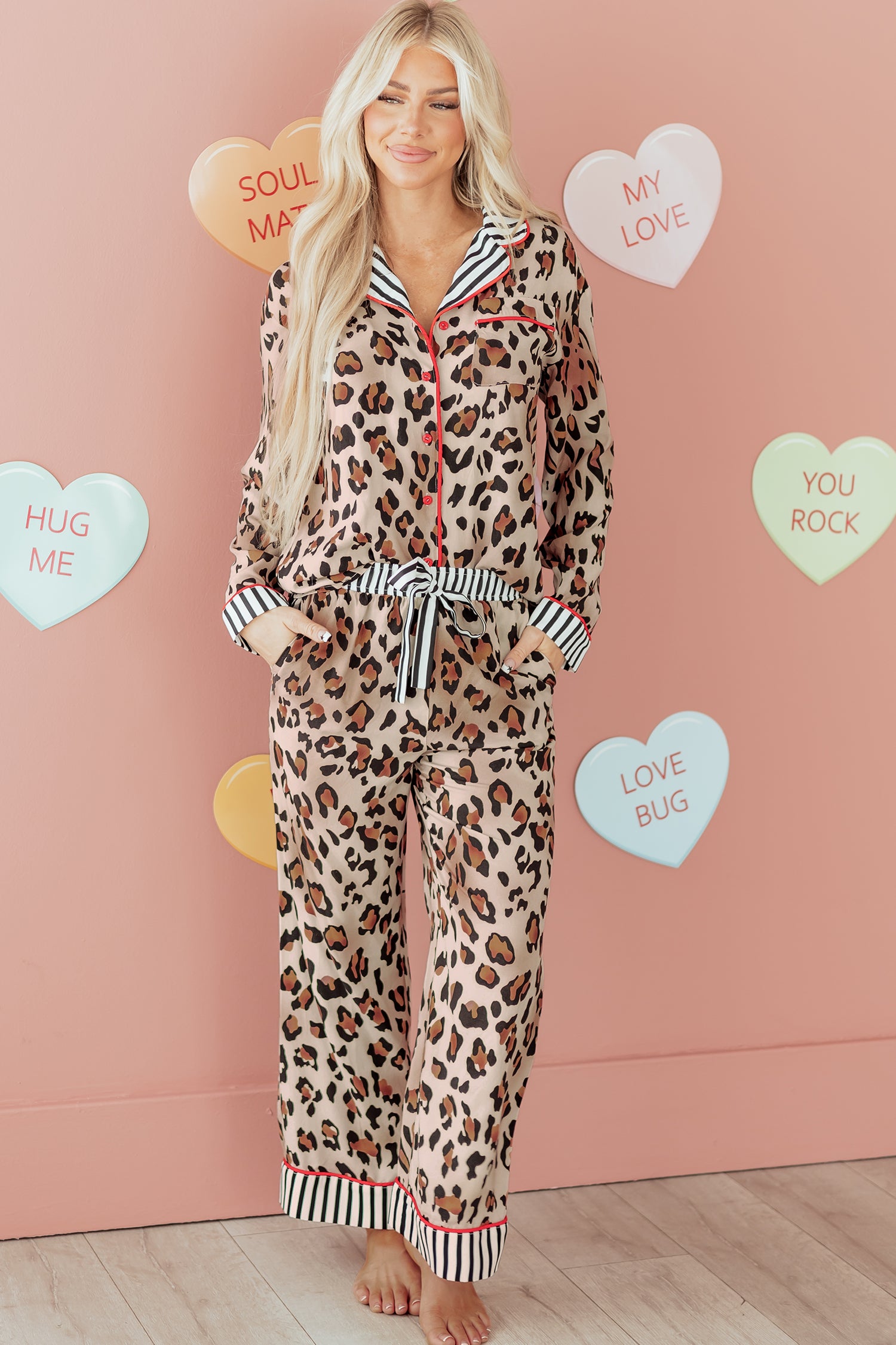 Dear Lover Khaki Leopard Print Colorblock Striped Edge Shirt and Pants Pajama Set