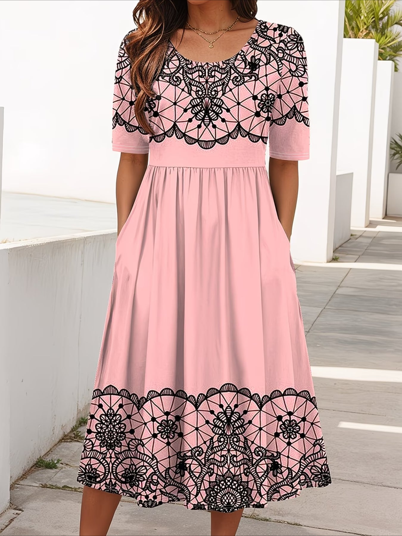 Floral Printing Crew Neck Short Sleeve Dress