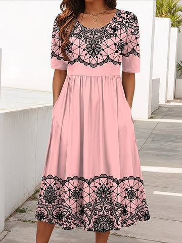 Floral Printing Crew Neck Short Sleeve Dress